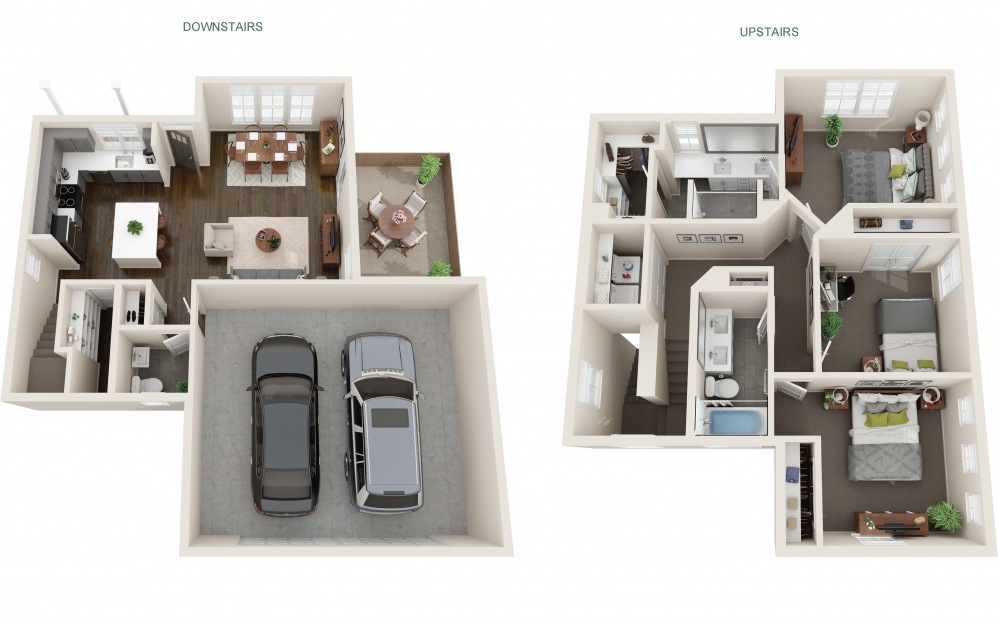 Three Bedroom Farmhouse (C1) - 3 bedroom floorplan layout with 2.5 baths and 1387 square feet. (Interior)